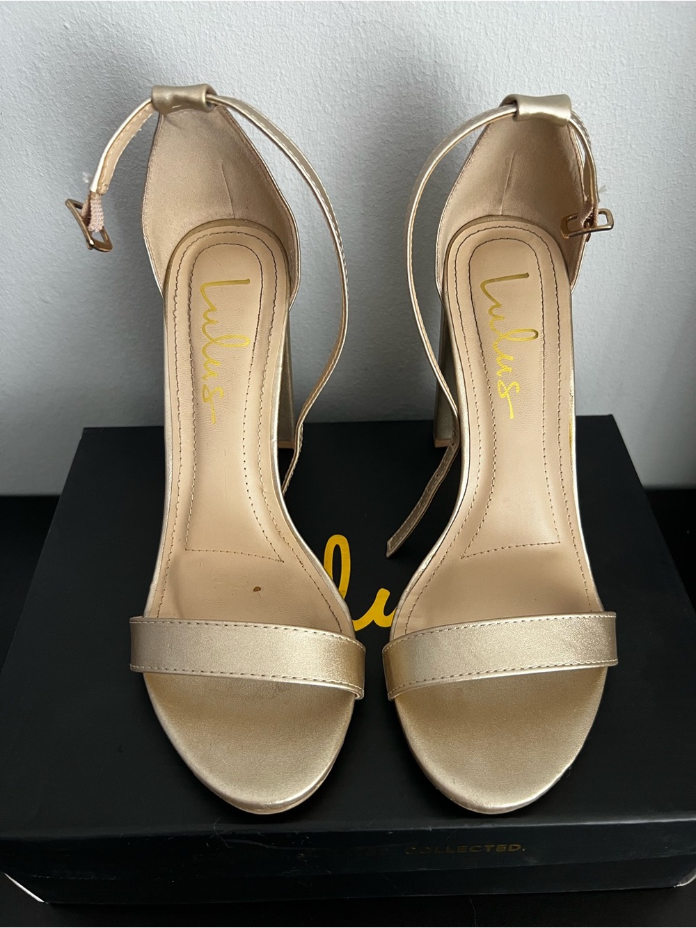 Lulu's Metallic Gold Ankle-Strap Block Heels